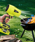 Person using Cordless Turbo Jet Leaf Blower For Lawn Debris, Driveway Sand And Car Drying, 450 CFM High Speed, Ergonomic Handle
