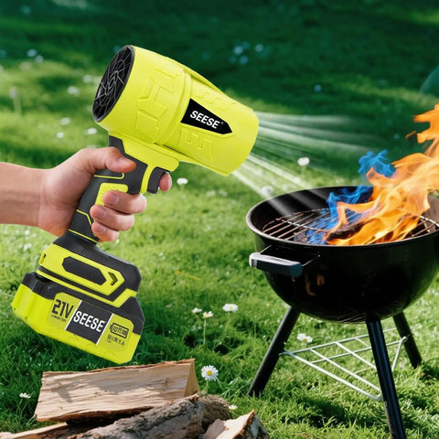 Person using Cordless Turbo Jet Leaf Blower For Lawn Debris, Driveway Sand And Car Drying, 450 CFM High Speed, Ergonomic Handle