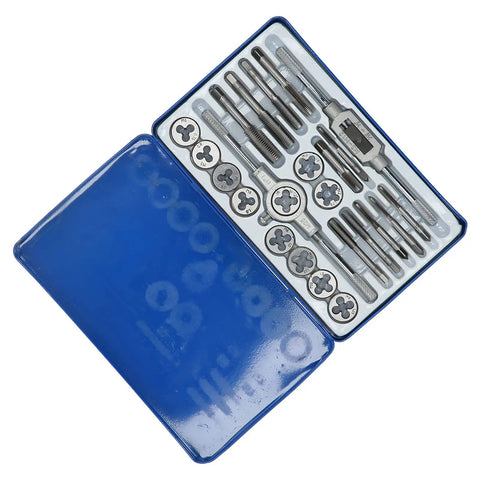 Pro Grade Hard Alloy Steel Tap Die Kit For Thread Repair, Manual Wrench Set in blue metal case, alloy steel taps and dies