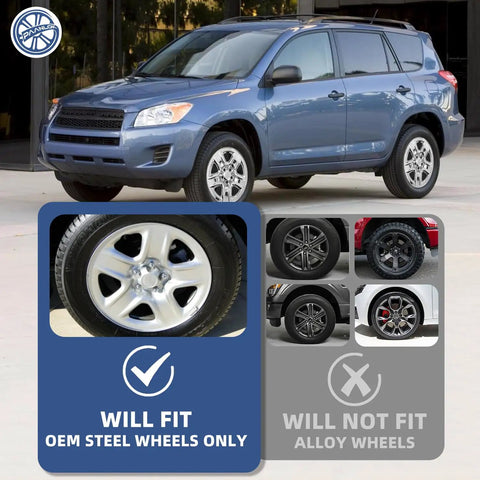 Chrome Silver 17 Inch Wheel Skins For Toyota RAV4 2006 To 2012 Snap On Rim Covers 4 Pack Easy Clip On Installation shown on steel wheels