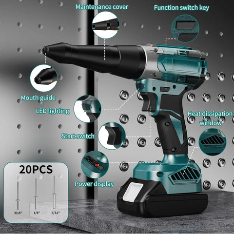Edtran Brushless Cordless Electric Rivet Gun Compatible With Makita 18V Battery showing LED light, mouth guide, and power display.