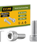 Grease Monkey Approved 304 Stainless Steel M8 Hex Socket Head Cap Screw Bolts 25 Pack showing screws and hex key tool.