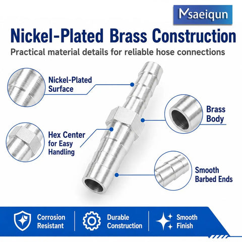Premium Nickel Plated Brass Hose Barb Reducer Adapter 5/8 inch To 3/8 inch Air Tube Fitter With Heavy Duty Stainless Steel Clamps For Auto Fuel Line Repair Kit Quick And Easy Pipe Splicer Mender Upgrade, nickel-plated brass