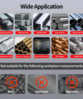 Image showing wide application of metals for portable metal hardness tester, including steel, cast iron, and brass. Not suitable for bolts, sheets, strips.