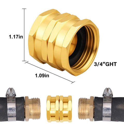 Heavy Duty Solid Brass Garden Hose Fittings Set With Double Female Couplers, Three Quarter GHT Female Threads, 3/4 inch view