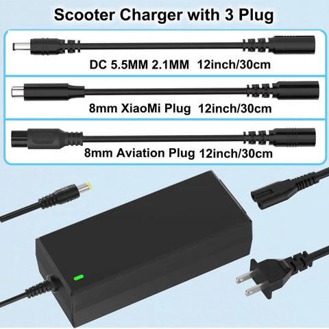 42V 2A Scooter Charger 4 In 1 Removable Connector For 36V Pocket Mod And Sports Mod Lithium Battery Compatible With Gotrax Ninebot Hiboy Electric Scooters Charger with three plugs and green indicator