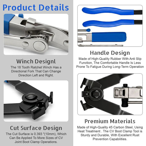 CV Joint Boot Clamp Pliers With Ratchet Adjust For Cars UTV ATV Repair, Heavy Duty Ear Type Clamp Crimping And Removal Tool, Telescopic Ratcheting Pliers With 18 Tooth Mechanism, Durable Automotive Clamp Tool For Easy Install, blue handle, 45 carbon steel