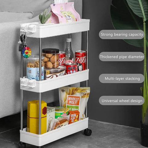 No Sweat Rolling Utility Cart With Smooth Slide Out Storage Rack And Reinforced Hook Compact Mobile Shelving Organizer Fits Narrow Slots Easy Tool Free Assembly For Bathroom Or Kitchen with snacks and drinks on three tiers.