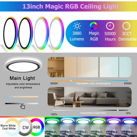Display showing features of 13 Inch Magic RGB Ceiling Light with adjustable color temperature and brightness.