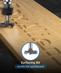 Essential 1 Quarter Inch Shank CNC Router Bit Kit With ER11 Collet 30 Degree V Bit Two End Mills Surface Bit And Chamfering Bit For Woodworking MDF Resin Carving And Sign Making logo being carved on wood with surfacing bit.