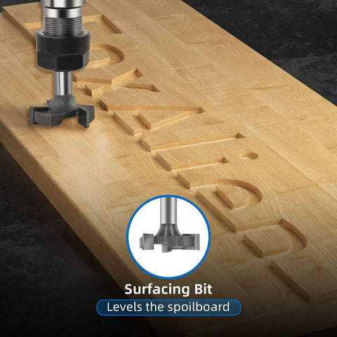 Essential 1 Quarter Inch Shank CNC Router Bit Kit With ER11 Collet 30 Degree V Bit Two End Mills Surface Bit And Chamfering Bit For Woodworking MDF Resin Carving And Sign Making logo being carved on wood with surfacing bit.
