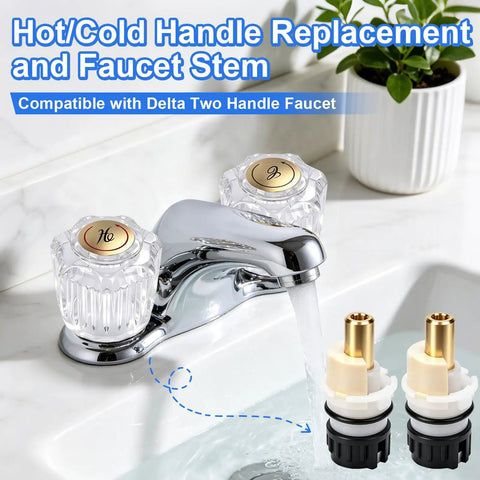 Upgrade Your Sink Game With This Killer Two Pack Clear Acrylic Faucet Handles And Rp25513 Cartridge Stem Repair Kit Featuring Sturdy Brass Valve Stems Built To Last While You Keep Things Fresh And Crisp Without The Mess Or Hassle Of Replacing Everything. clear acrylic hot and cold faucet handles with brass stems, two-pack for two-handle sink repair