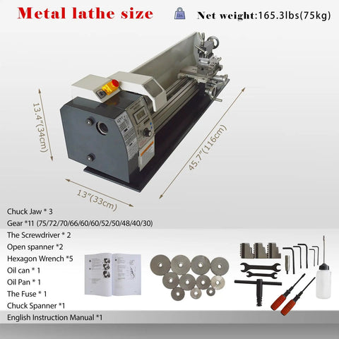 Jaryannix 8 X 32 Inch Benchtop Mini Metal Lathe With 900W Brushless Motor For Woodworking And Metalworking Projects Featuring Digital Display Variable Speed Control From 50 To 2500 RPM Three Jaw Chuck And Adjustable Tool Post For Precision Machining with size and tool details.