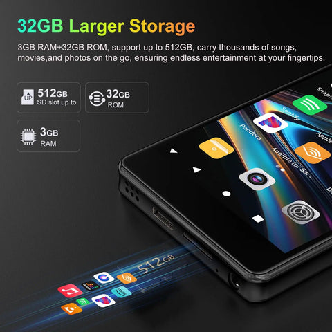 32GB MP3 Player With Bluetooth And Camera Android 13 Music And Video Player With 4 Inch Touchscreen built-in speaker shown with apps on screen