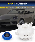 Heavy Duty Front Engine Coolant Reservoir Expansion Tank With Cap For Audi A3 Q3 TT And Volkswagen Beetle Eos Golf Passat Jetta Drop In Replacement Radiator Overflow Tank 1K0121407A shown with Volkswagen Beetle.