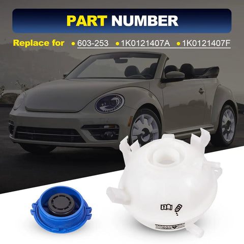 Heavy Duty Front Engine Coolant Reservoir Expansion Tank With Cap For Audi A3 Q3 TT And Volkswagen Beetle Eos Golf Passat Jetta Drop In Replacement Radiator Overflow Tank 1K0121407A shown with Volkswagen Beetle.