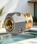 Heavy Duty Garden Hose Repair Kit With 5/8 and 3/4 Inch Brass Connectors Swivel Attachment Stainless Steel Clamp To Fix Leaks Fast And Get Your Outdoor Watering Setup Back On Track For A Cool Summer, brass fitting close-up