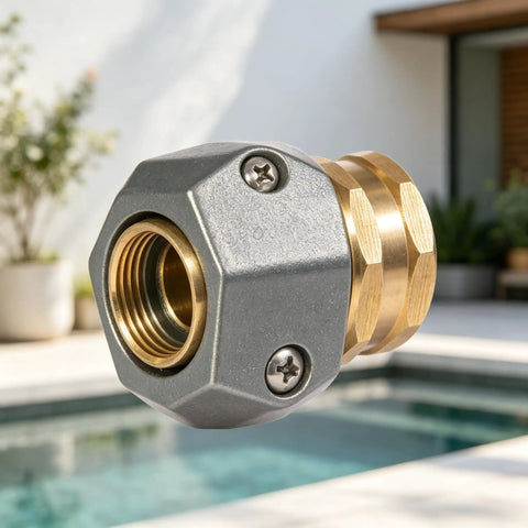 Heavy Duty Garden Hose Repair Kit With 5/8 and 3/4 Inch Brass Connectors Swivel Attachment Stainless Steel Clamp To Fix Leaks Fast And Get Your Outdoor Watering Setup Back On Track For A Cool Summer, brass fitting close-up