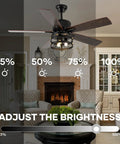 Rustic 36 Inch Ceiling Fan With Lights And Remote in a living room, showcasing brightness adjustment feature and retractable blades.