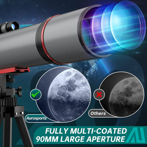 All In One Dope High Powered 90mm Aperture Refractor Telescope with 600mm Focal Length and tripod, showcasing moon clarity.