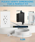 In-Wall Cable Management Kit With Recessed Outlet Box For Wall Mounted TV, includes 9.8 ft extender and dimension guidelines.