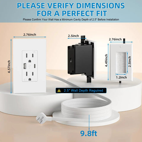 In-Wall Cable Management Kit With Recessed Outlet Box For Wall Mounted TV, includes 9.8 ft extender and dimension guidelines.