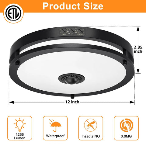 12 Inch Outdoor LED Motion Sensor Ceiling Light With Dusk To Dawn, 24W, Adjustable CCT 2700K To 5000K, Flush Mount Fixture