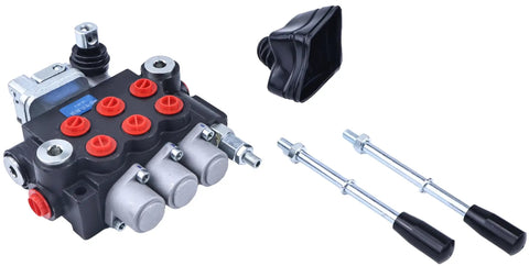 Three Spool Hydraulic Directional Control Valve With Joystick For Heavy Duty Industrial Equipment, 0 To 40 Liters Per Minute Flow, Five Position Joystick Return To Neutral, Double Acting Spool Valve, showing components and levers.