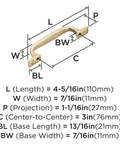 Diagram of Champagne Bronze Cabinet Pull Highland Ridge 3 Inch Center To Center 4 5 16 Inches Overall Length with measurements.