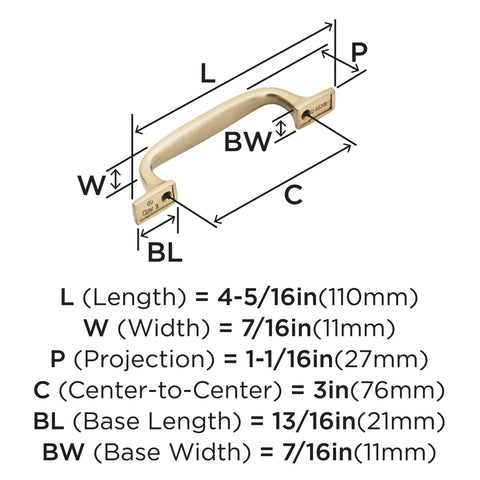 Diagram of Champagne Bronze Cabinet Pull Highland Ridge 3 Inch Center To Center 4 5 16 Inches Overall Length with measurements.
