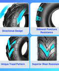 Directional tread and sidewall features of Go Kart Tires 145/70-6 4 Ply Tubeless for sand, mud, and trail use.