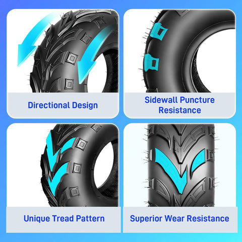 Directional tread and sidewall features of Go Kart Tires 145/70-6 4 Ply Tubeless for sand, mud, and trail use.
