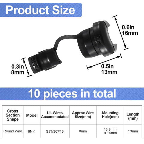 Heavy Duty Black Nylon Strain Relief Cord Connectors 6N 4 Model Fits Point Three Inch Round Wire Pack Of Ten size and dimensions chart