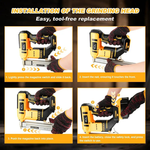 Installation steps for Smooth Operator 18 Gauge Cordless Brad Nailer And Stapler with gloves and tools in use.