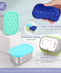 4-Pack 8oz Stainless Steel Snack Containers for Kids with Leak-Proof Silicone Lids, showing stackable design and safe materials