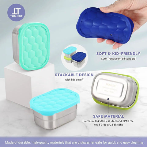 4-Pack 8oz Stainless Steel Snack Containers for Kids with Leak-Proof Silicone Lids, showing stackable design and safe materials