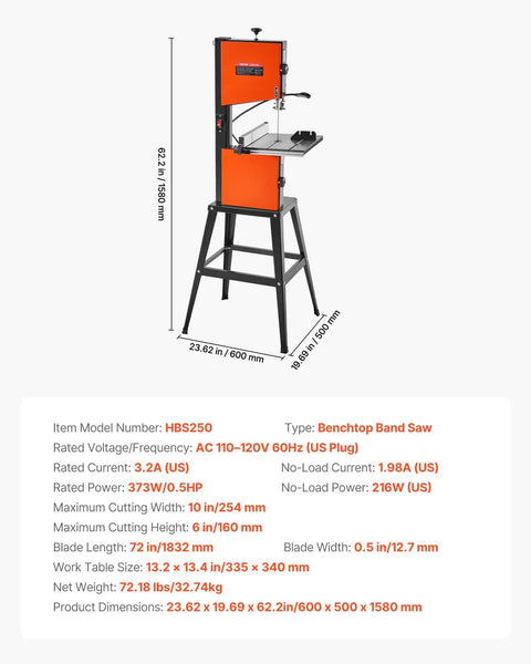 Two Speed 10 Inch Benchtop Band Saw With Stand For Woodworking, 373W 1/2 HP, 6 Inch Max Cutting Height, Cast Iron Table