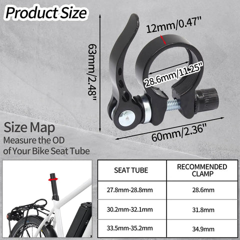 28.6mm Bike Seat Post Clamp Quick Release Aluminum Alloy Seatpost Collar Type 1 Black size chart illustration