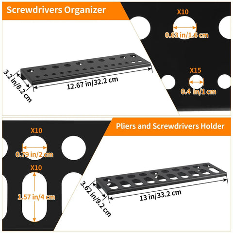 Wall Mount Hand Tool Organizer Set Of 4 Includes Screwdriver Organizer Pliers Holder Hammer Rack And Hardware Storage Shelf For Garage Workshop Or Shed Durable Metal With Powder Coat Finish, showing dimensions and hole sizes.