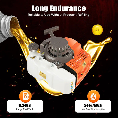 Gas Powered Post Hole Digger With 11 Inch Bit, 63cc Two Stroke Earth Auger, Orange engine highlighted, long endurance feature