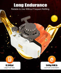 Close-up of Beast 63cc 2 Stroke Gas Auger Post Hole Digger's engine and fuel tank with oil pouring, orange and white design.