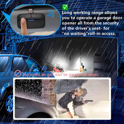 Woman uses Universal Garage Door Opener Remote Compatible With Chamberlain LiftMaster in rain from inside car