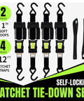 Self Retracting Ratchet Straps 4 Pack Lock It Down Heavy Duty Tie Down Strap For Pickup Truck Cargo Trailer Motorcycle Atv Utv With Killer Grip Robust Breaking Strength Secure Your Haul Tangle Free System Black One Inch By Twelve Feet featuring 4 ratchet straps and 2 soft loops.