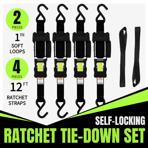 Self Retracting Ratchet Straps 4 Pack Lock It Down Heavy Duty Tie Down Strap For Pickup Truck Cargo Trailer Motorcycle Atv Utv With Killer Grip Robust Breaking Strength Secure Your Haul Tangle Free System Black One Inch By Twelve Feet featuring 4 ratchet straps and 2 soft loops.