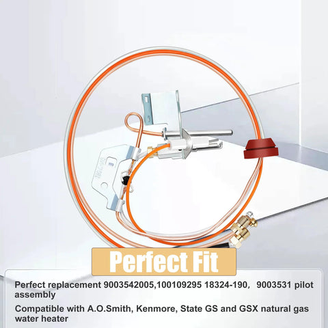 9003542 natural gas pilot assembly with copper tube and mounting bracket for Reliance water heater, front view