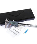 Pro Grade Digital Caliper 6 Inch 150mm with 4 in 1 Measuring Functions displayed with case and tools