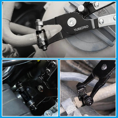 Close-up of 130-Piece Spring Band Hose Clamp Kit With Pliers For 6-25mm Clamps Range on various hoses.