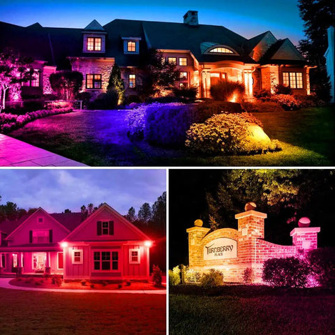 Colorful nighttime outdoor scene illuminated by All Weather Outdoor LED Flood Light 8000LM RGBW Color Changing, IP66 Waterproof.