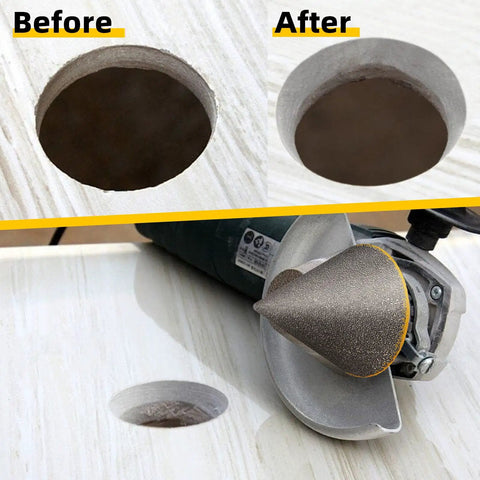 Beveling Chamfer Drill Bit for Enlarging Holes in Tile, showing before and after effect on marble