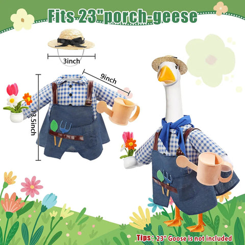 Totally Cute Porch Goose Gardener Outfit Kit For A 23 Inch Goose Statue with plaid apron, hat, tools, watering can, flower pot